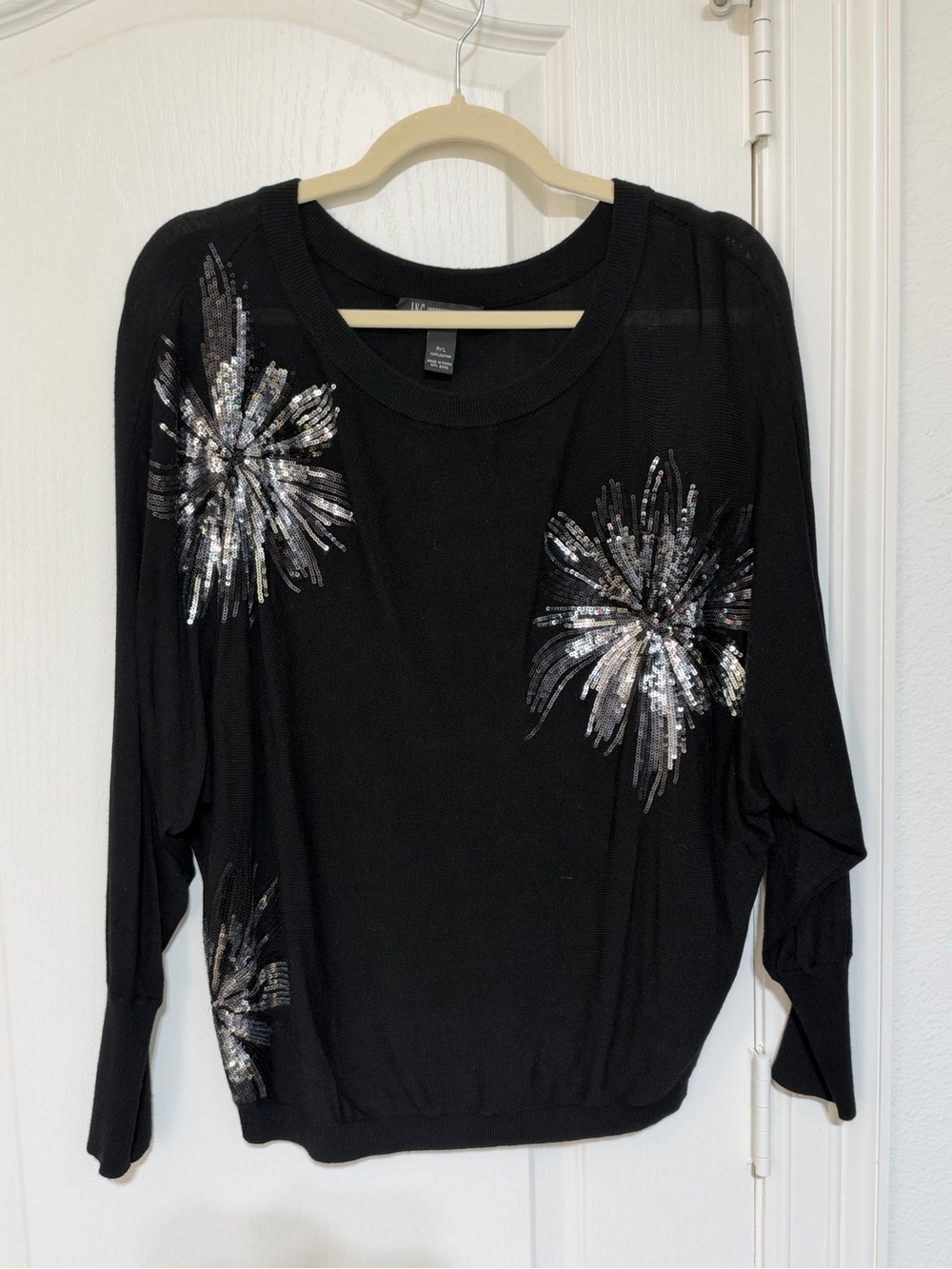 INC International Concepts Black Sweater with Silver Sequin Burst Detail